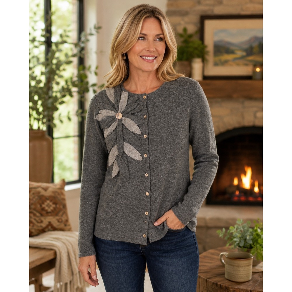 Coldwater Creek Cardigan Women M Wool Rabbit Hair Floral Applique Gray Sweater